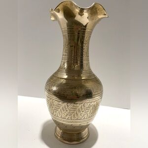 Vintage Ornate Brass Etched Engraved Vase Leaf Motif Scalloped Edge 10.5" India